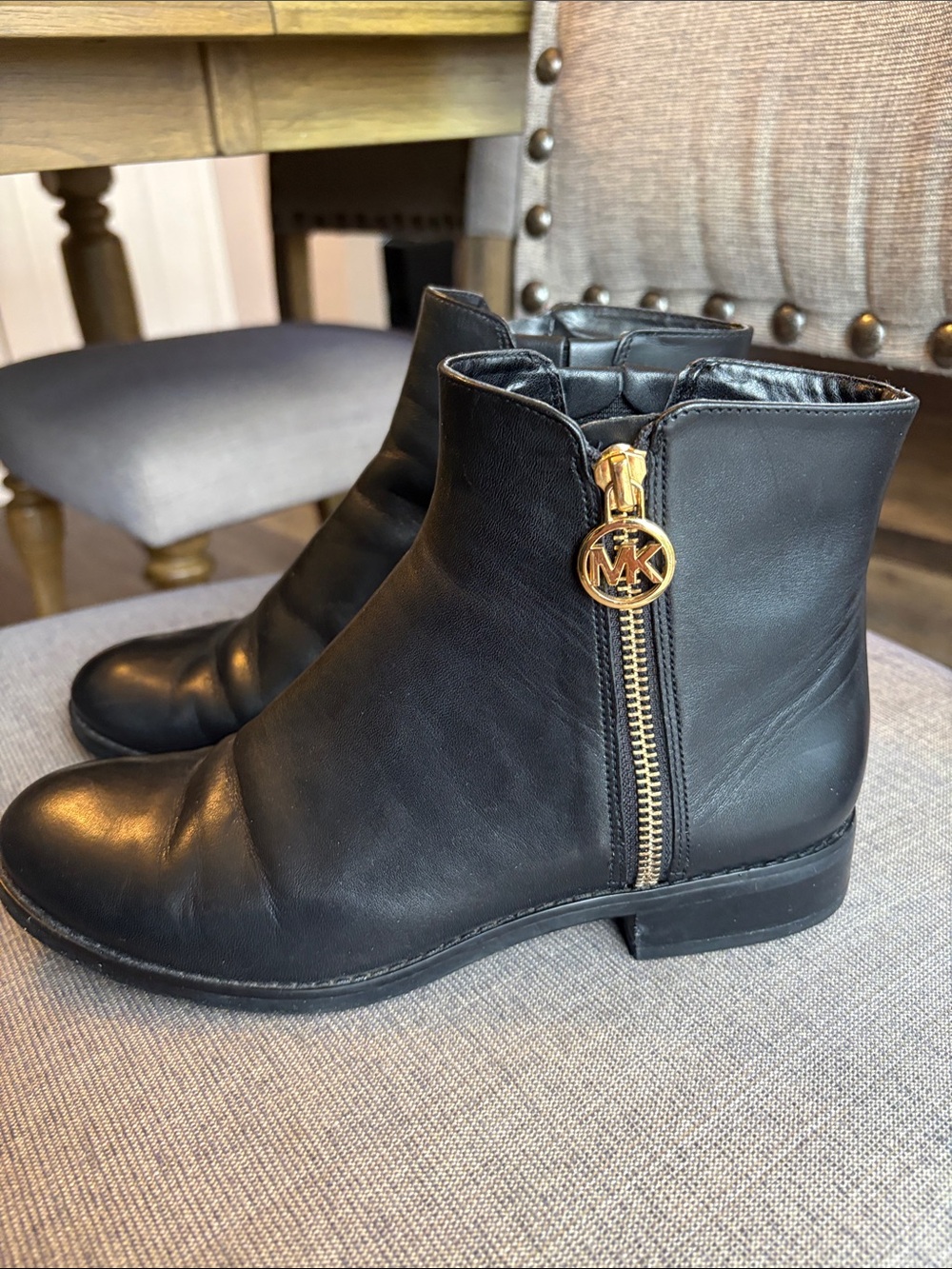 Michael Kors Black Leather Ankle Booties with Gold MK Zip Charm